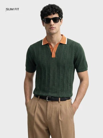 Clozyn Men's Dark Green Textured Polo T-Shirt | Premium Knit Cotton Contrast Collar Polo Tee