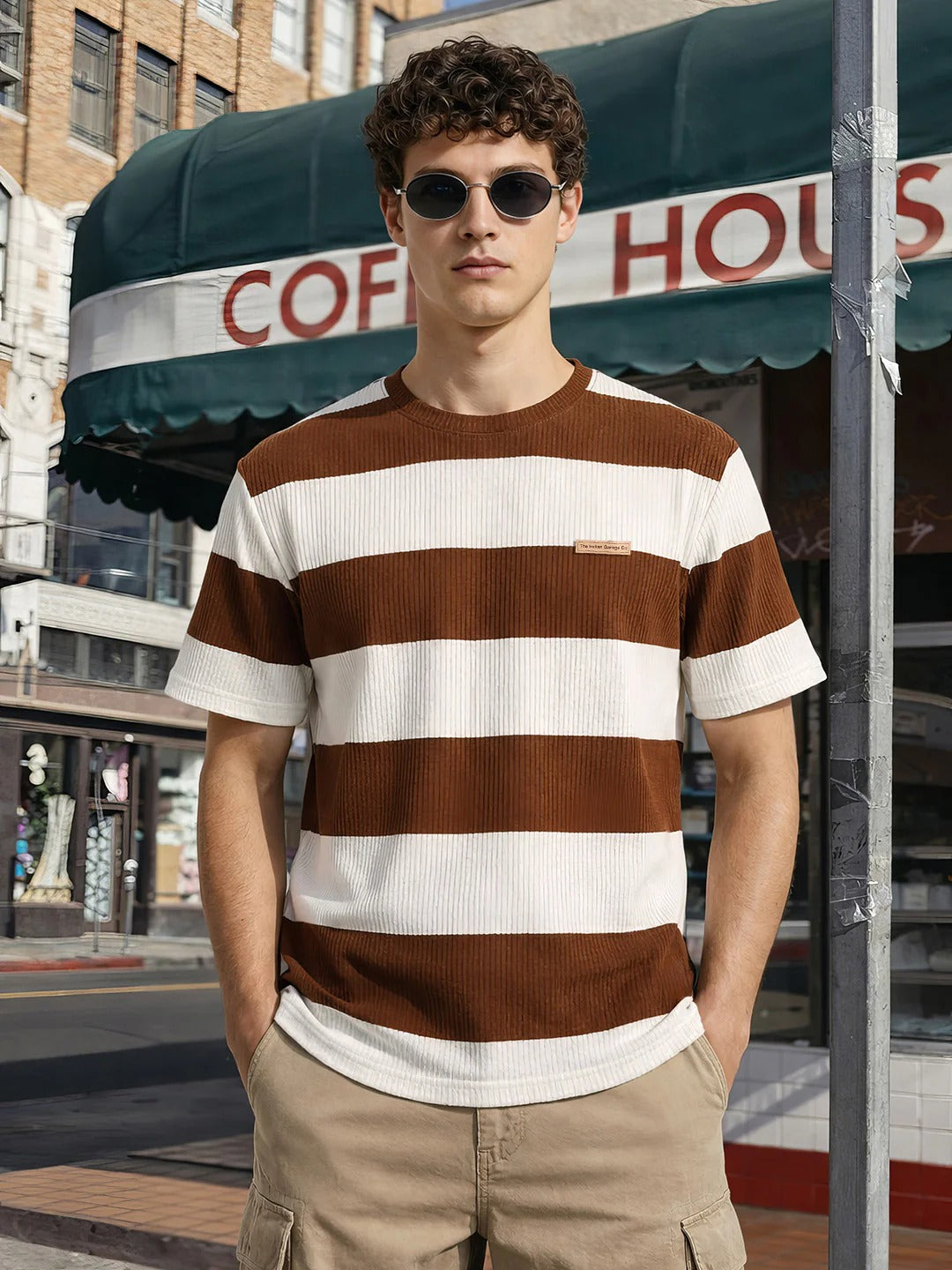 Clozyn Men's Brown & White Striped Ribbed T-Shirt | Premium Textured Cotton Blend Casual Tee