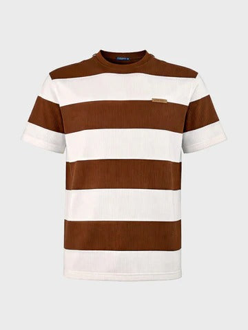 Clozyn Men's Brown & White Striped Ribbed T-Shirt | Premium Textured Cotton Blend Casual Tee